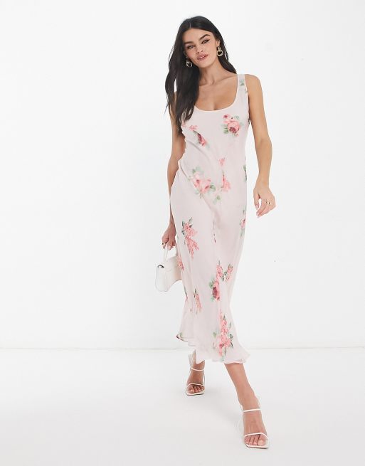 ASOS DESIGN – Różowa szyfonowa sukienka midi na ramiączkach z dekoltem w kształcie litery U w kwiatowy wzór 