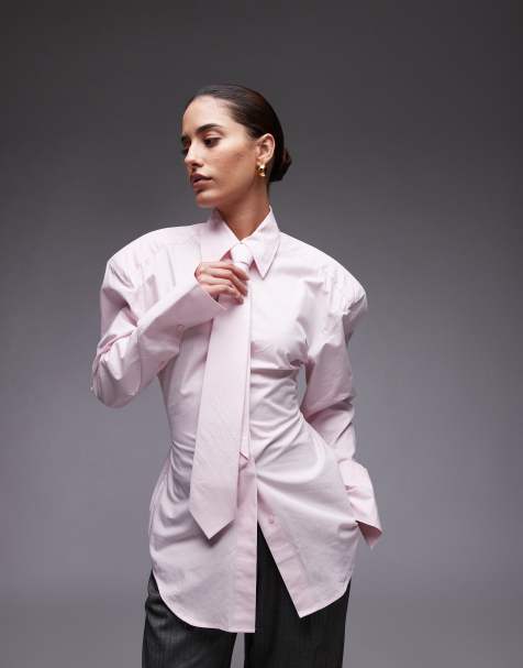 ASOS DESIGN cinch waist shirt with shoulder pads and tie in pink