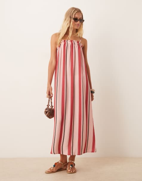 ASOS DESIGN – Różowa trapezowa sukienka maxi na ramiączkach w paski - view 1