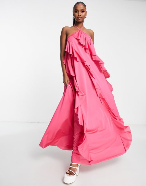 ASOS DESIGN – Różowa warstwowa sukienka maxi z falbankami i dekoltem halter – LPINK