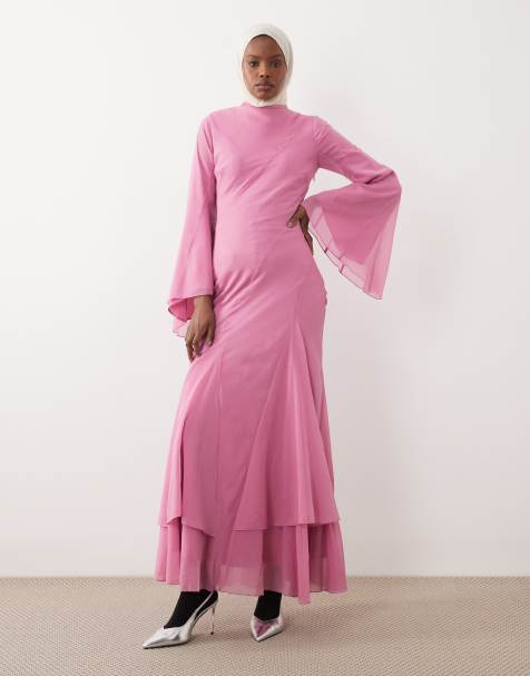 ASOS DESIGN – Różowa warstwowa sukienka maxi ze skosu z długimi rękawami i godetami - view 1