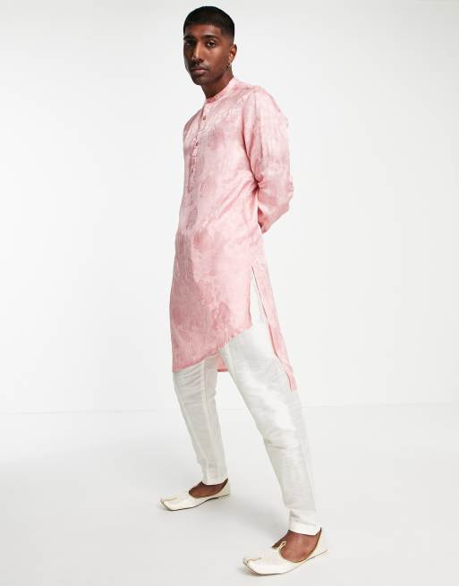 ASOS DESIGN – Różowa wiskozowa koszula kurta o wydłużonym fasonie i asymetrycznym dole z żakardowym wzorem