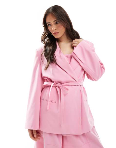 ASOS DESIGN tailored oversized tie waist blazer in pink co ord