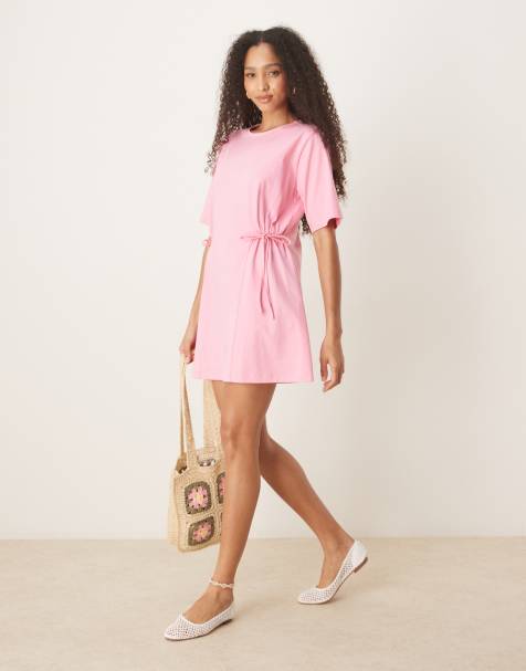 ASOS DESIGN – Różowa zbierana w talii sukienka koszulowa z wiązaniem z boku - view 1