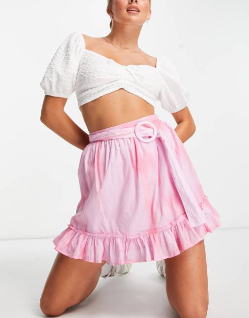 ASOS DESIGN – Różowa zwiewna spódnica mini z bawełny z paskiem i nadrukiem tie dye