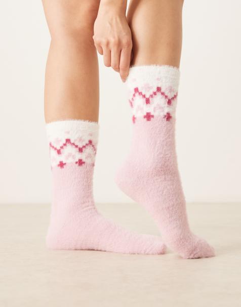 ASOS DESIGN – Różowe bardzo puszyste skarpetki z kolorowym wzorem Fair Isle - view 1