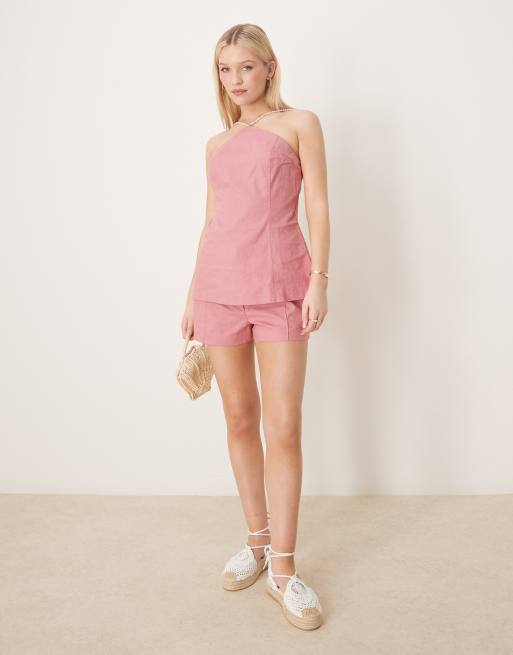 ASOS DESIGN – Różowe eleganckie szorty lniane z ozdobnymi koralikami, część zestawu