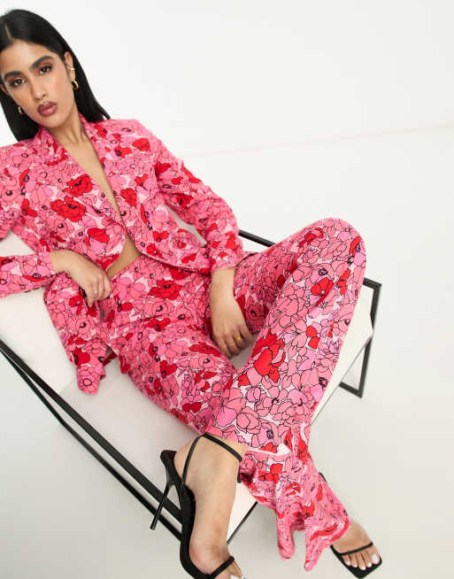ASOS DESIGN – Różowe spodnie z rozszerzanymi nogawkami we wzór w maki z domieszką lnu