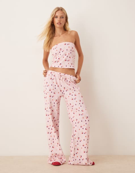 ASOS DESIGN co-ord waffle wide leg trouser in pink ditsy floral