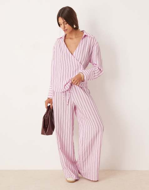 ASOS DESIGN – Różowe wciągane spodnie z szerokimi nogawkami z modalu w paski, część zestawu - view 1