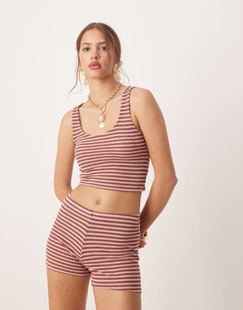 ASOS DESIGN – Różowo-brązowy dzianinowy krótki top na ramiączkach w paski, część zestawu - view 1