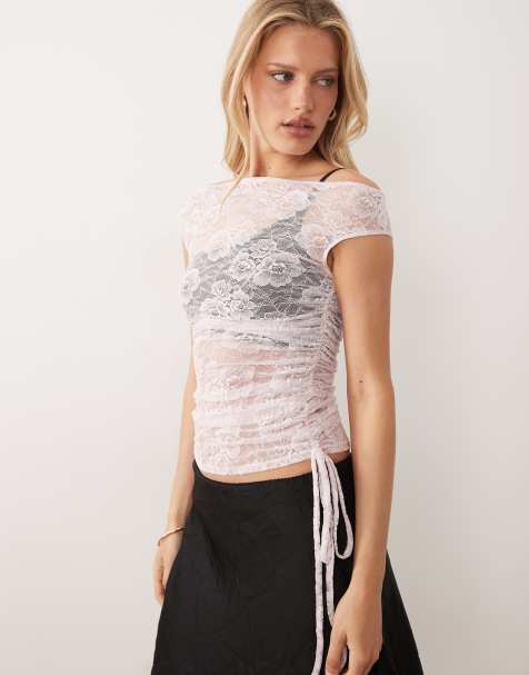 ASOS DESIGN – Różowo-brązowy koronkowy top z odsłoniętym ramieniem i blokami kolorów, część zestawu - view 1