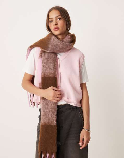ASOS DESIGN – Różowo-brązowy szalik z tkaniny z frędzlami w szeroką kratę - view 1