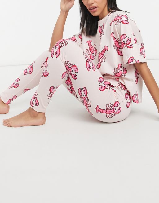 ASOS DESIGN – Różowo-czerwona piżama z T-shirtem i legginsami z nadrukiem homarów