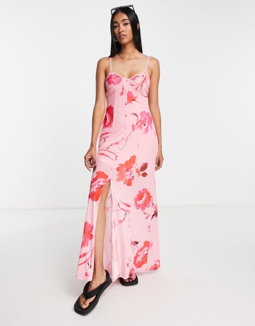  ASOS DESIGN – Różowo-czerwona siateczkowa sukienka maxi we wzór w rozmyte kwiaty na ramiączkach i z guzikami