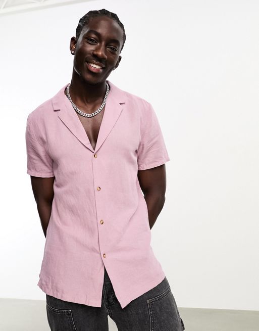 CerbeShops DESIGN – Różowofioletowa koszula o regularnym kroju z głębokim kołnierzykiem kubańskim z mieszanki lnu