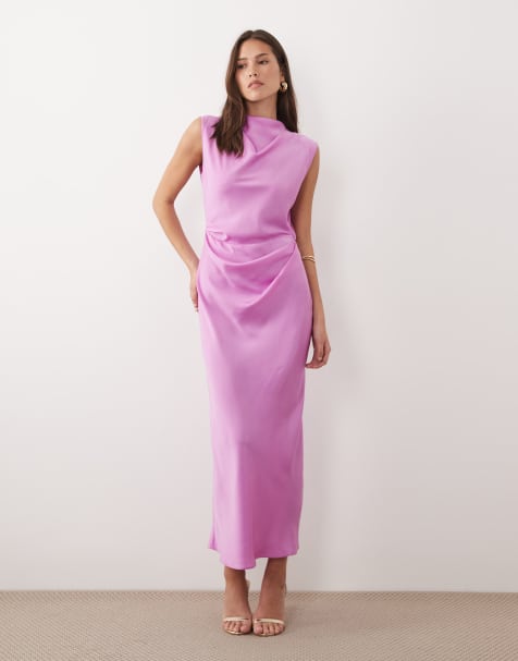 ASOS DESIGN – Różowoliliowa satynowa sukienka midi z zabudowanym dekoltem i górą z zakładkami - view 1