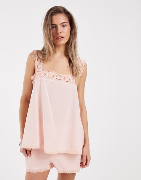 ASOS DESIGN – Różowy bawełniany top w stylu babydoll z koronkowym wykończeniem, część zestawu - view 1