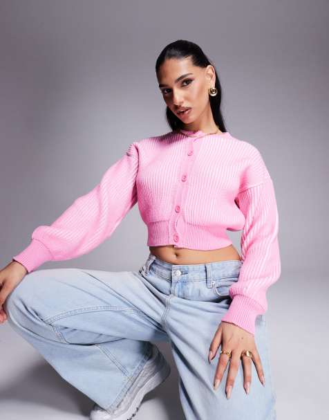 ASOS DESIGN knitted plated cardigan with rib hem detail in pink