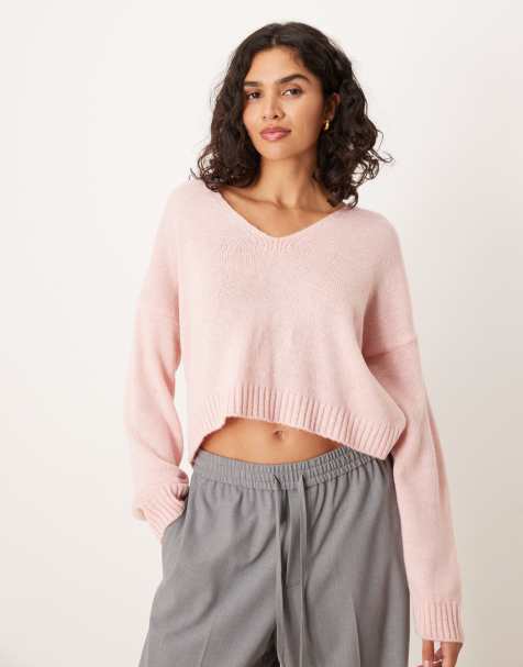 ASOS DESIGN slouchy v neck knitted jumper in pink