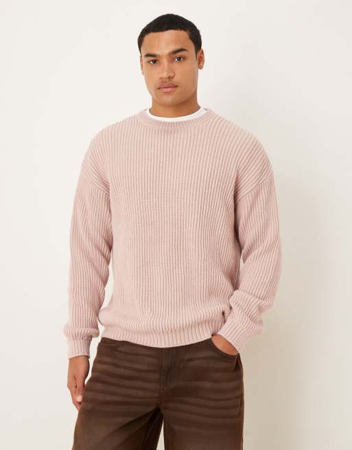 ASOS DESIGN – Różowy dzianinowy sweter o luźnym kroju z długimi rękawami i dekoltem z paskiem