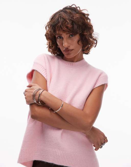 ASOS DESIGN – Różowy dzianinowy top bez rękawów z domieszką wełny z zaokrąglonym dołem