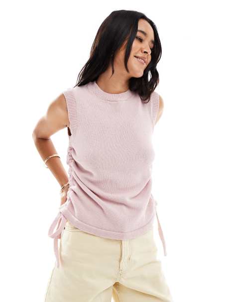 ASOS DESIGN knitted tank with ruching in pink