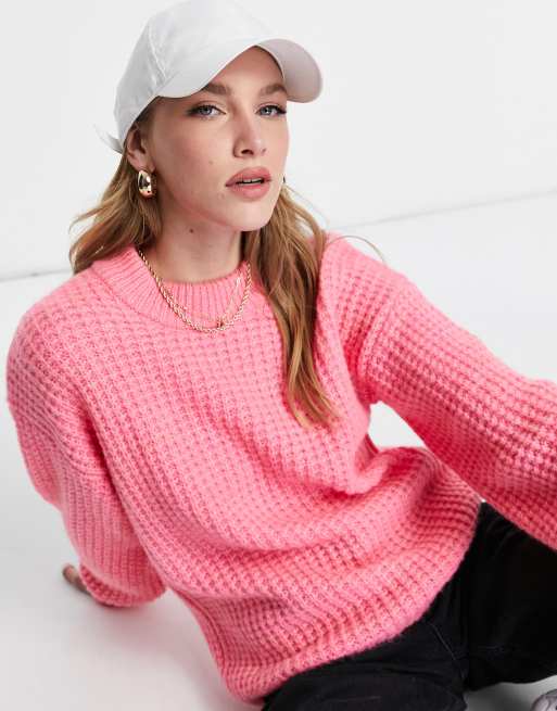 ASOS DESIGN – Różowy gruby sweter z okrągłym dekoltem i teksturowanym splotem
