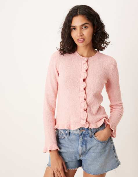 ASOS DESIGN textured knit cardigan with frill hems in pink