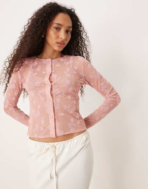 ASOS DESIGN – Różowy krótki i obcisły kardigan siateczkowy ze wzorem - view 1