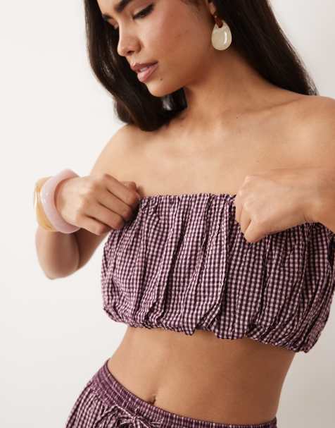 ASOS DESIGN – Różowy marszczony top z dekoltem bandeau w kratkę vichy, część zestawu - view 1