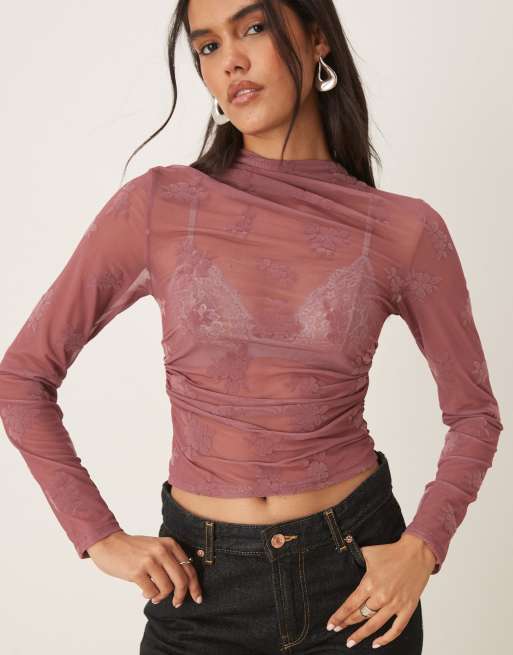 ASOS DESIGN – Różowy marszczony top z flokowanego materiału z zabudowanym dekoltem i długimi rękawami