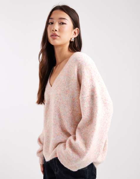 ASOS DESIGN – Różowy melanżowy puszysty sweter z głębokim dekoltem w kształcie litery V - view 1