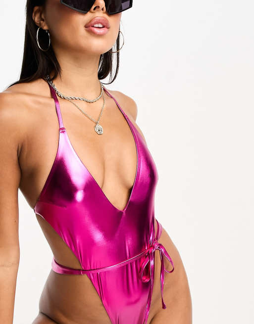 ASOS DESIGN – Różowy metaliczny bardzo wysoko wycięty strój kąpielowy z głębokim dekoltem