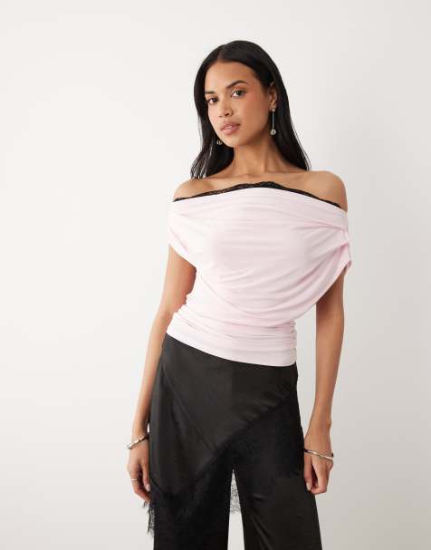 ASOS DESIGN – Różowy opinający top na jedno ramię z koronkowym wykończeniem - view 1