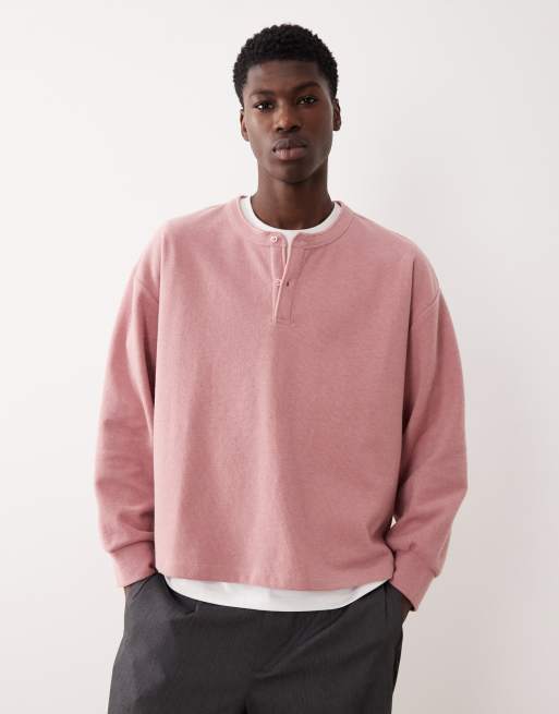 ASOS DESIGN – Różowy prążkowany T-shirt o pudełkowym kroju oversize z długimi rękawami i dekoltem typu henley