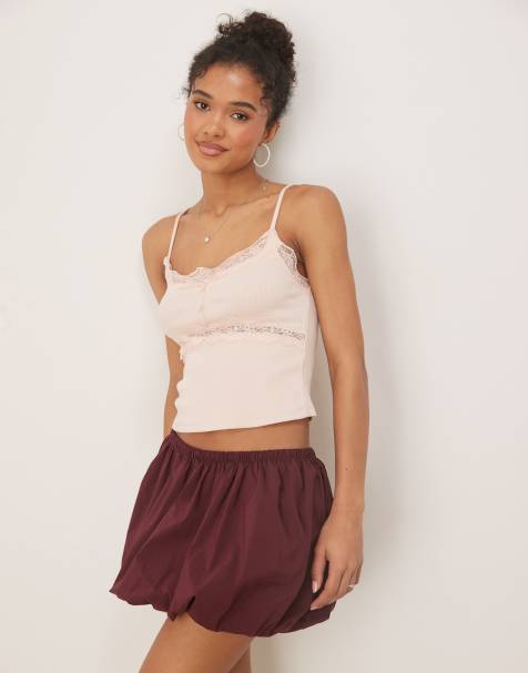 ASOS DESIGN ribbed cami top with lace and button detail in pink