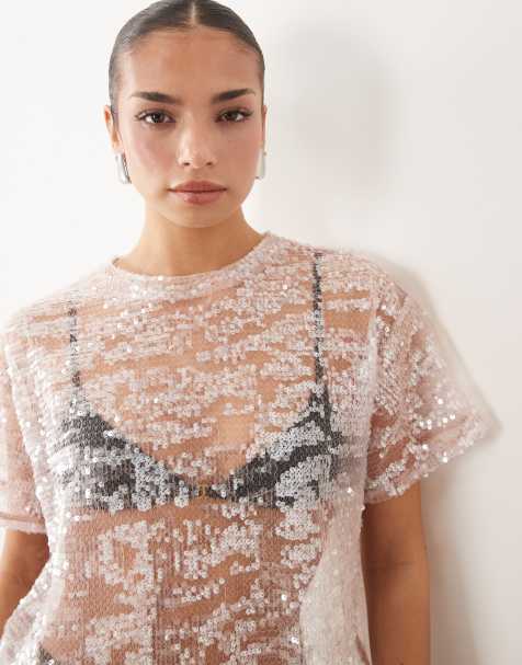 ASOS DESIGN – Różowy prześwitujący T-shirt oversize zdobiony cekinami - view 1
