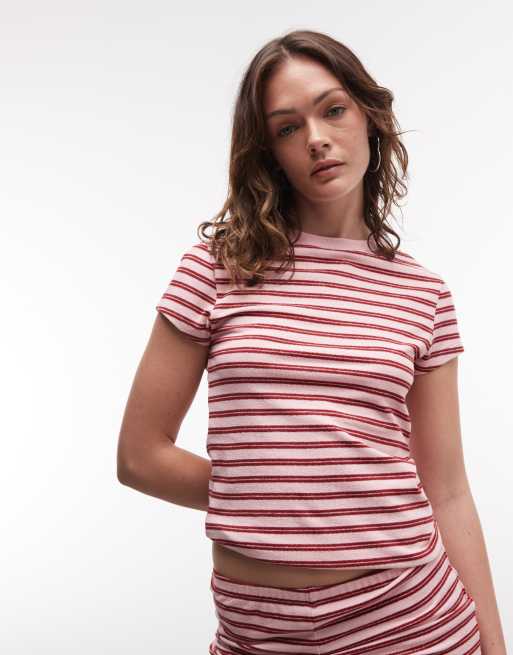 ASOS DESIGN – Różowy zestaw z fakturowanej dzianiny w paski: krótkie szorty i obcisły T-shirt, 2 z 3