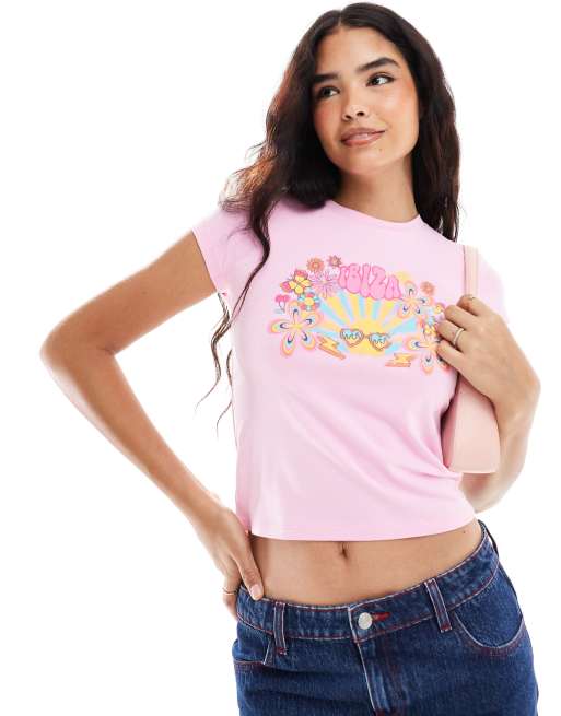 ASOS DESIGN – Różowy przylegający T-shirt z grafiką z motywem kwiatów i napisem „Ibiza”