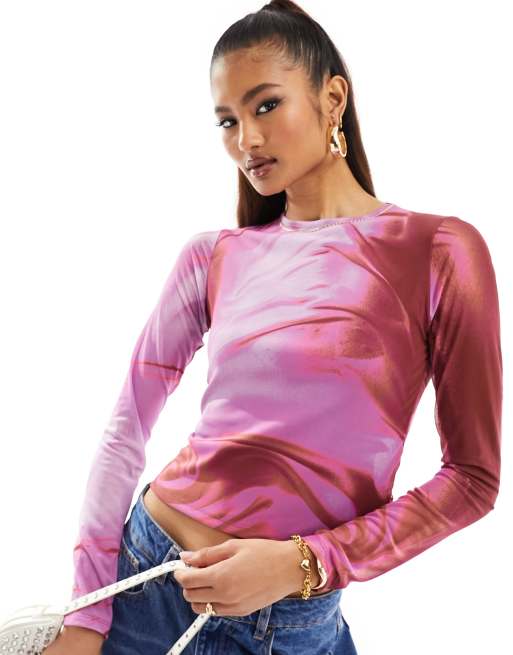 ASOS DESIGN – Różowy siateczkowy top termoaktywny z długim rękawem w kwiatowy wzór