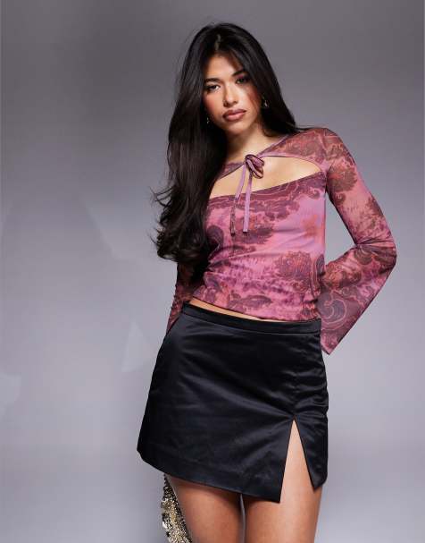 ASOS DESIGN paisley printed  tie neck mesh top with flute sleeve in pink