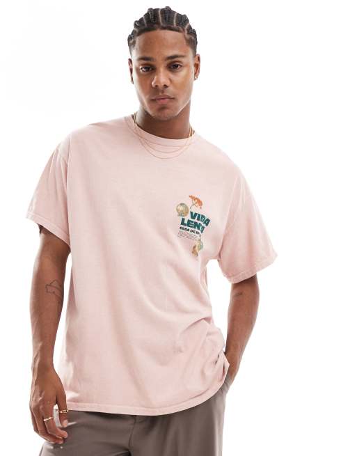 ASOS DESIGN – Różowy sprany T-shirt o luźnym kroju z nadrukiem owoców na piersi i plecach