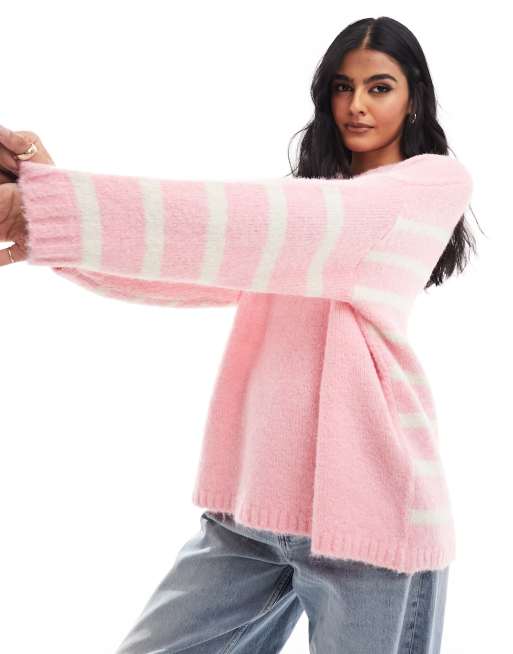 ASOS DESIGN – Różowy sweter z okrągłym dekoltem i wzorem w paski na plecach