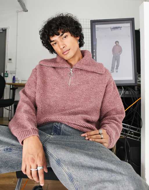 ASOS DESIGN – Różowy sweter z pluszowej dzianiny z kołnierzem oversize