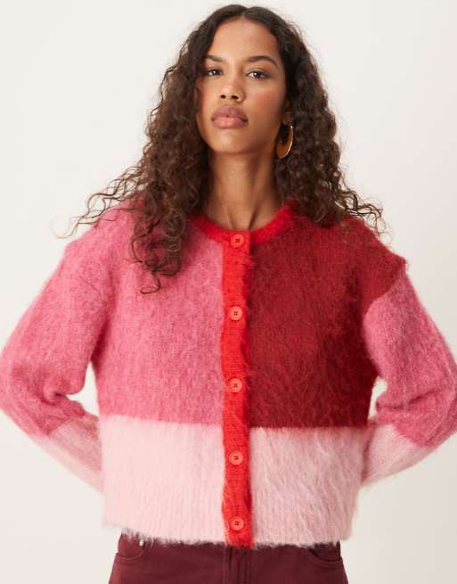 ASOS DESIGN – Różowy szczotkowany kardigan z okrągłym dekoltem w paski