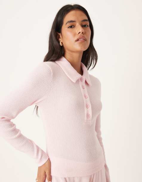 ASOS DESIGN co-ord brushed rib long sleeve  top in pink