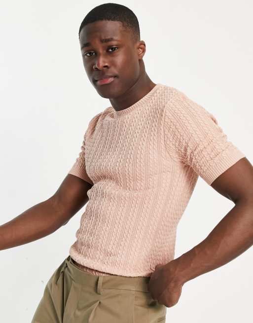 ASOS DESIGN – Różowy T-shirt o kroju podkreślającym sylwetkę z tkaniny o warkoczowym splocie