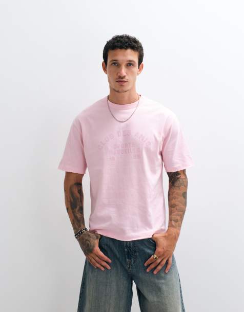 ASOS DESIGN – Różowy T-shirt o luźnym pudełkowym kroju z grafiką z napisem z przodu i nieobszytym brzegiem - view 1