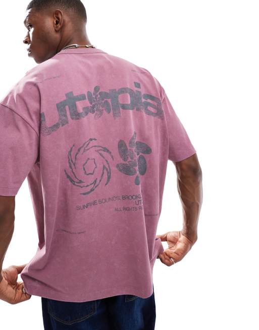 ASOS DESIGN – Różowy T-shirt oversize o gramaturze 220 g/m² z efektem sprania i ulicznymi nadrukami